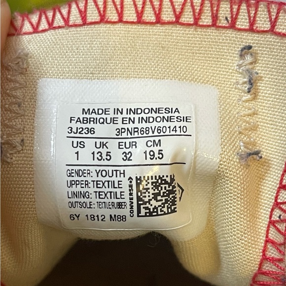 Boys Size 1 - Red Converse with rainbow stretchy shoe laces. Makes them slip on! - Picture 5 of 5